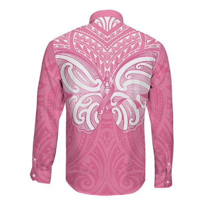 New Zealand Breast Cancer Support Long Sleeve Button Shirt Maori Butterfly Pink Ribbon
