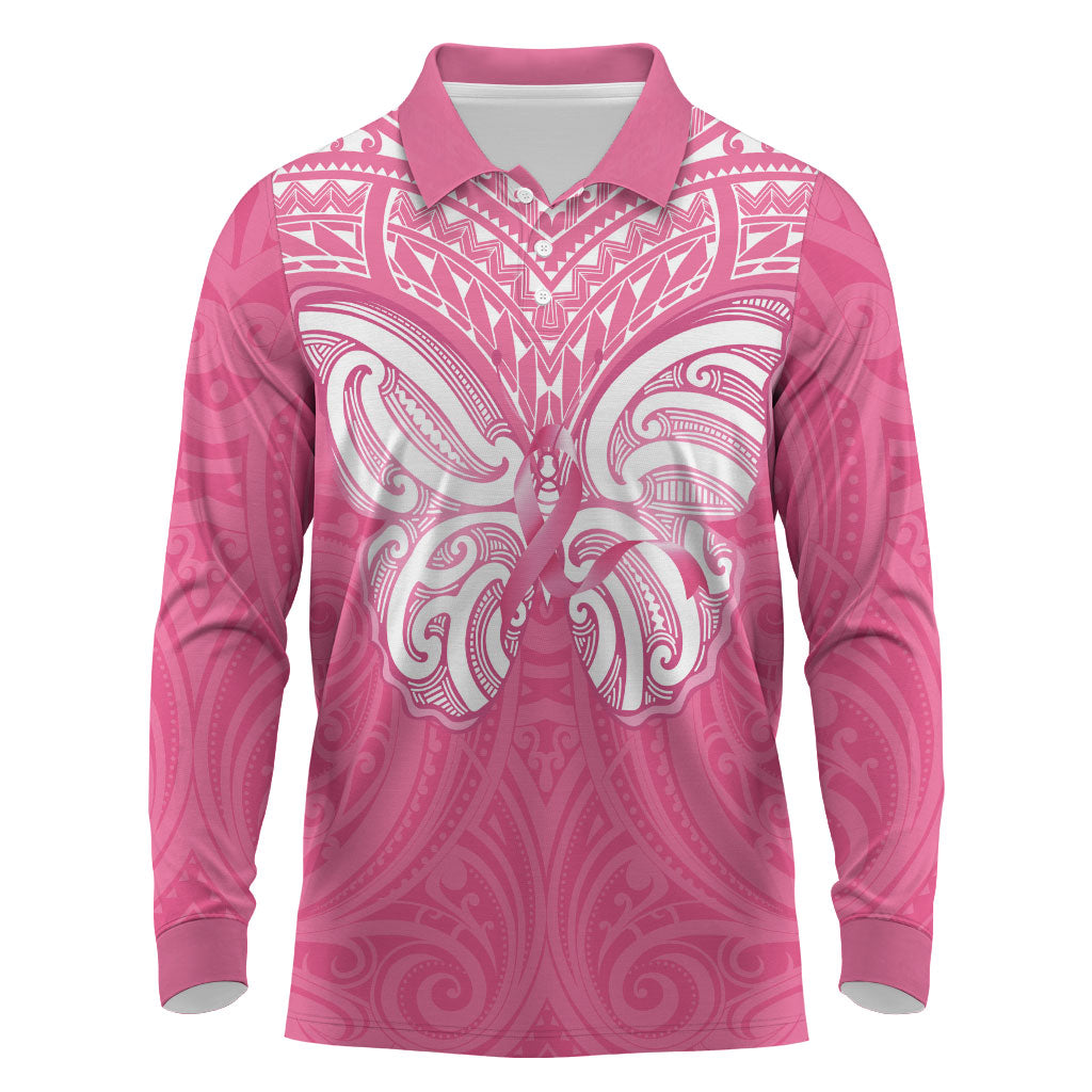 New Zealand Breast Cancer Support Long Sleeve Polo Shirt Maori Butterfly Pink Ribbon