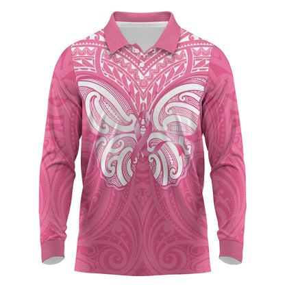 New Zealand Breast Cancer Support Long Sleeve Polo Shirt Maori Butterfly Pink Ribbon