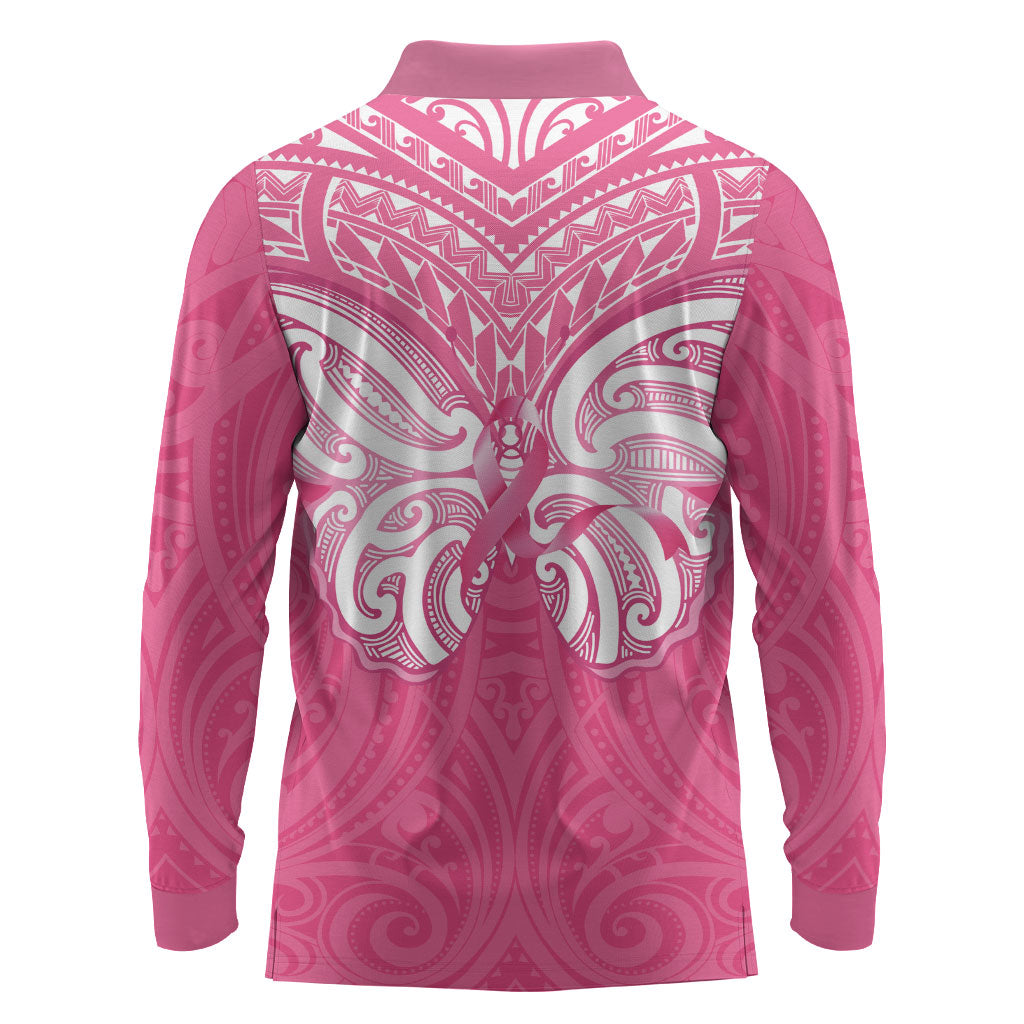 New Zealand Breast Cancer Support Long Sleeve Polo Shirt Maori Butterfly Pink Ribbon