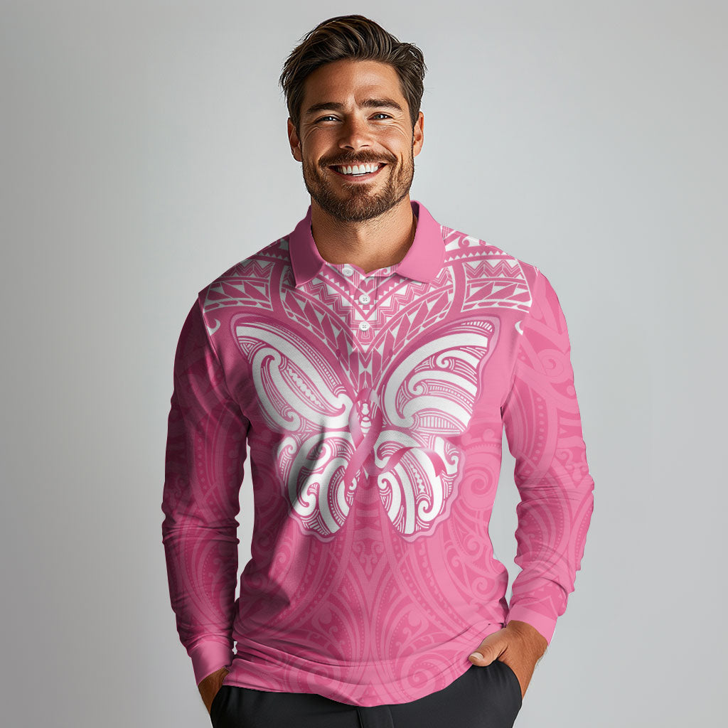 New Zealand Breast Cancer Support Long Sleeve Polo Shirt Maori Butterfly Pink Ribbon
