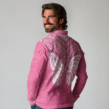 New Zealand Breast Cancer Support Long Sleeve Polo Shirt Maori Butterfly Pink Ribbon