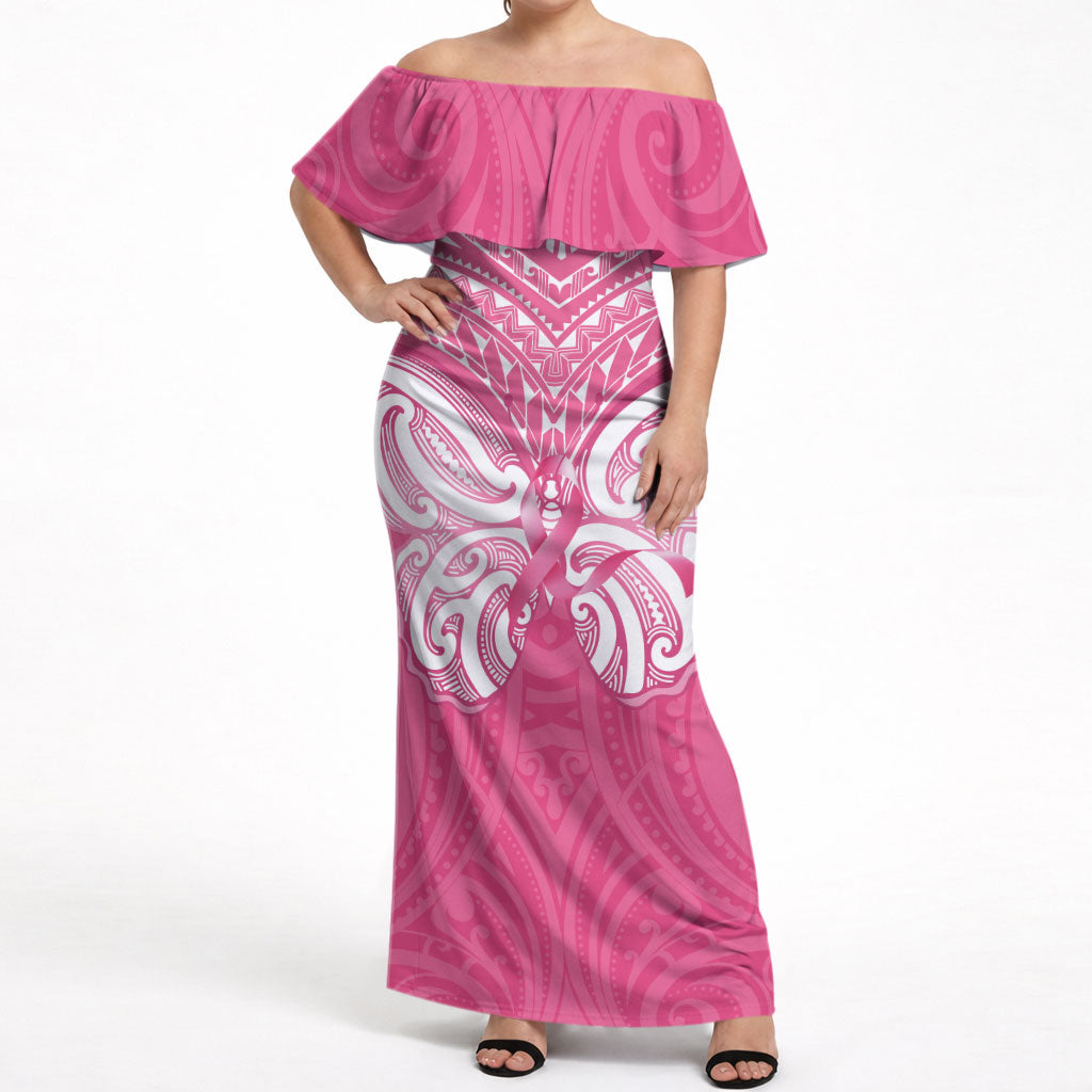 New Zealand Breast Cancer Support Off Shoulder Maxi Dress Maori Butterfly Pink Ribbon