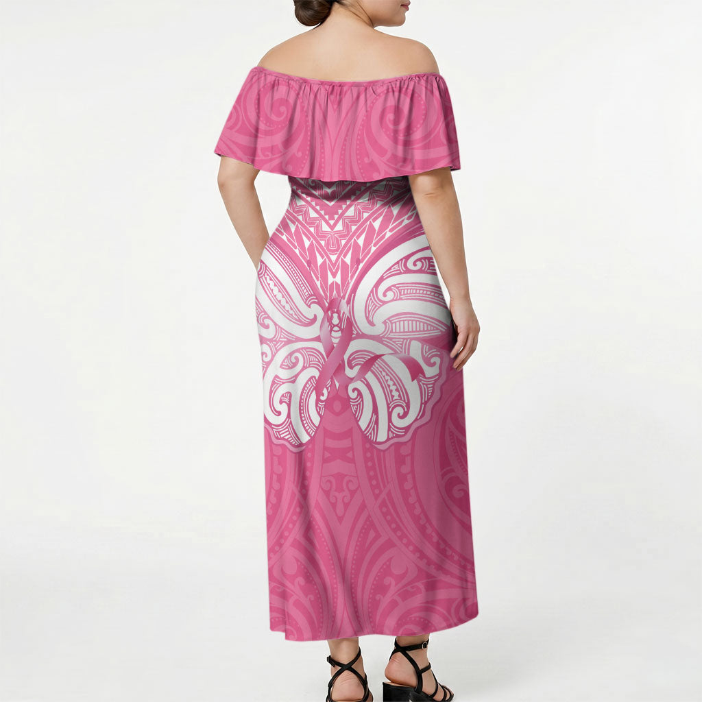 New Zealand Breast Cancer Support Off Shoulder Maxi Dress Maori Butterfly Pink Ribbon