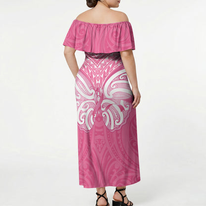 New Zealand Breast Cancer Support Off Shoulder Maxi Dress Maori Butterfly Pink Ribbon