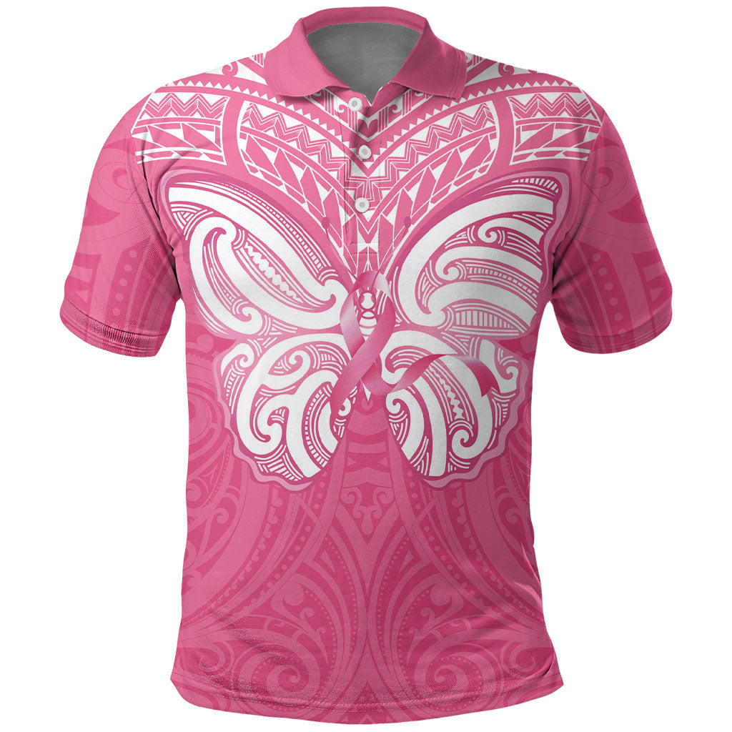 New Zealand Breast Cancer Support Polo Shirt Maori Butterfly Pink Ribbon