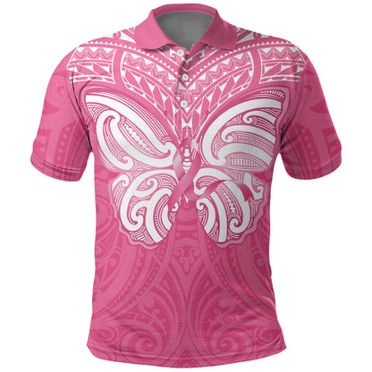 New Zealand Breast Cancer Support Polo Shirt Maori Butterfly Pink Ribbon