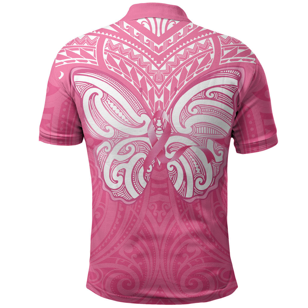 New Zealand Breast Cancer Support Polo Shirt Maori Butterfly Pink Ribbon