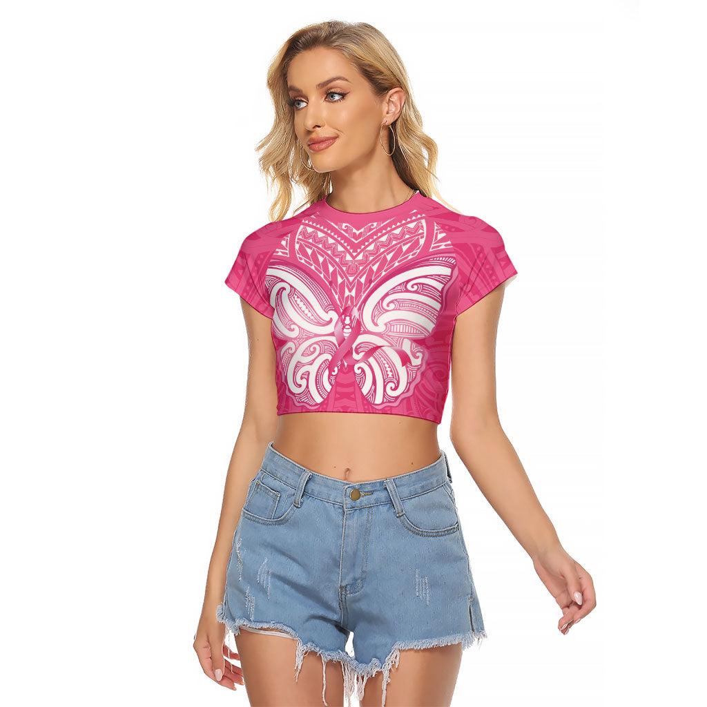 New Zealand Breast Cancer Support Raglan Cropped T Shirt Maori Butterfly Pink Ribbon
