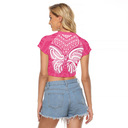 New Zealand Breast Cancer Support Raglan Cropped T Shirt Maori Butterfly Pink Ribbon