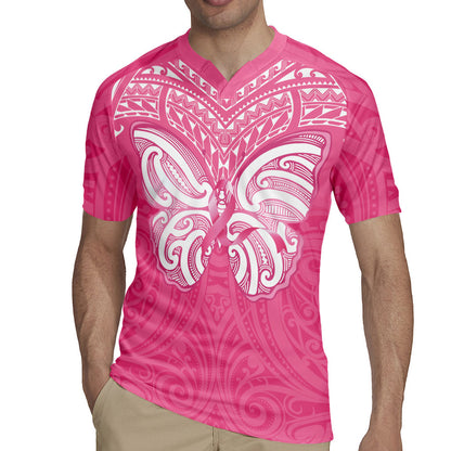 New Zealand Breast Cancer Support Rugby Jersey Maori Butterfly Pink Ribbon