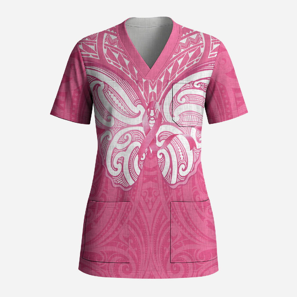 New Zealand Breast Cancer Support Scrub Top Maori Butterfly Pink Ribbon