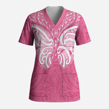 New Zealand Breast Cancer Support Scrub Top Maori Butterfly Pink Ribbon