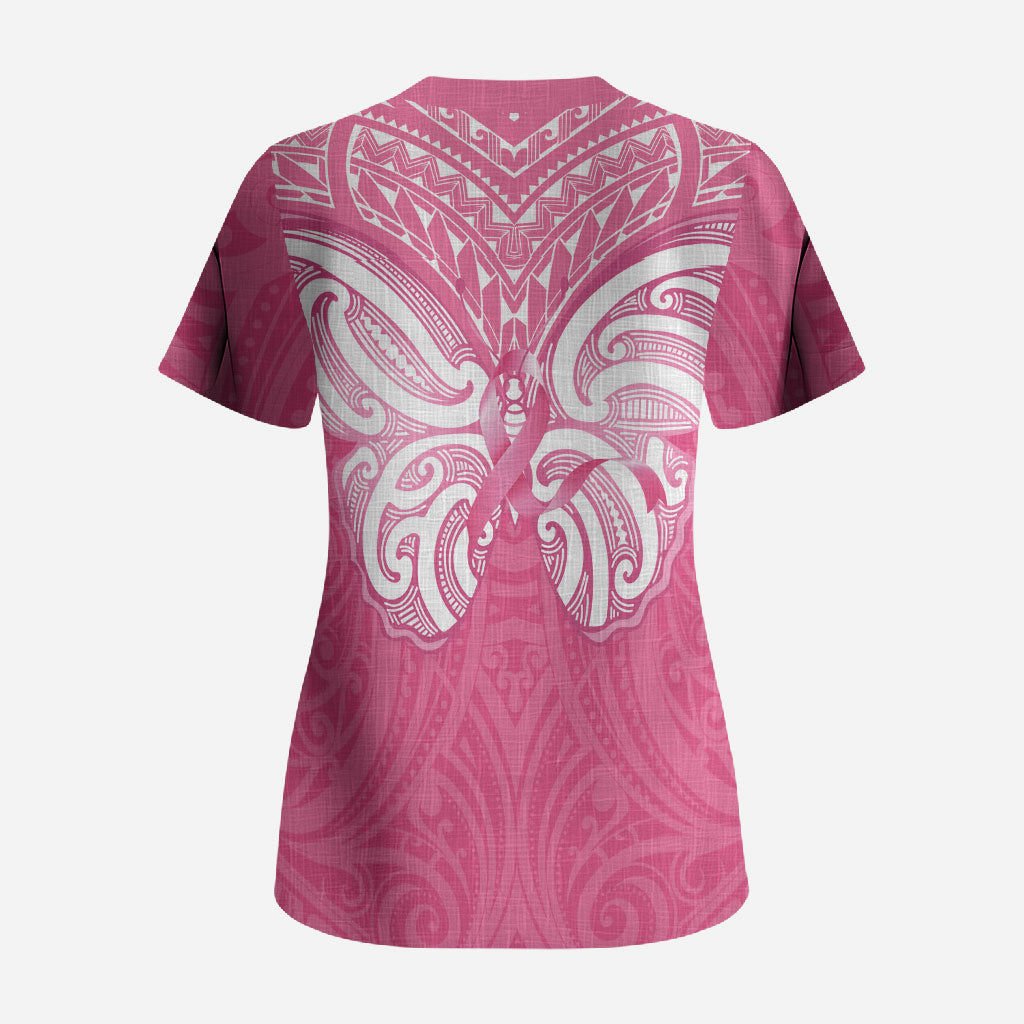 New Zealand Breast Cancer Support Scrub Top Maori Butterfly Pink Ribbon