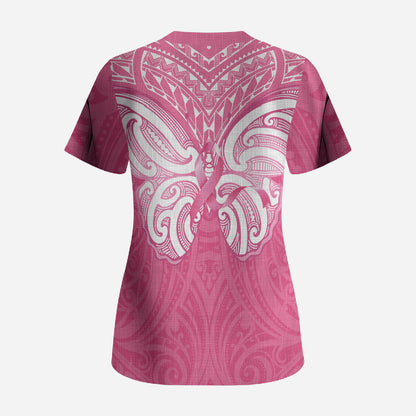 New Zealand Breast Cancer Support Scrub Top Maori Butterfly Pink Ribbon