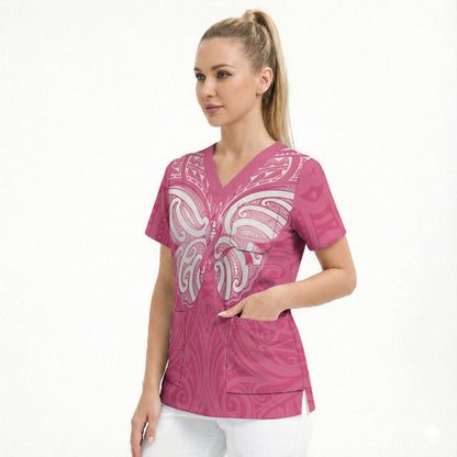 New Zealand Breast Cancer Support Scrub Top Maori Butterfly Pink Ribbon