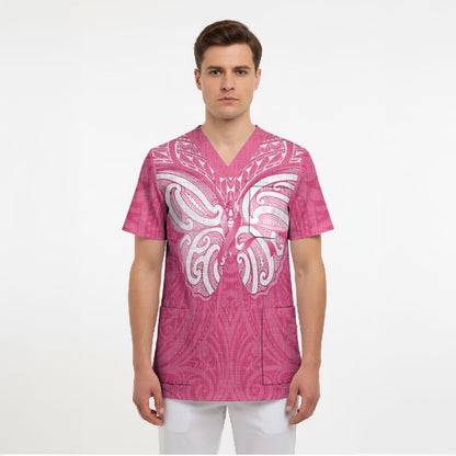 New Zealand Breast Cancer Support Scrub Top Maori Butterfly Pink Ribbon
