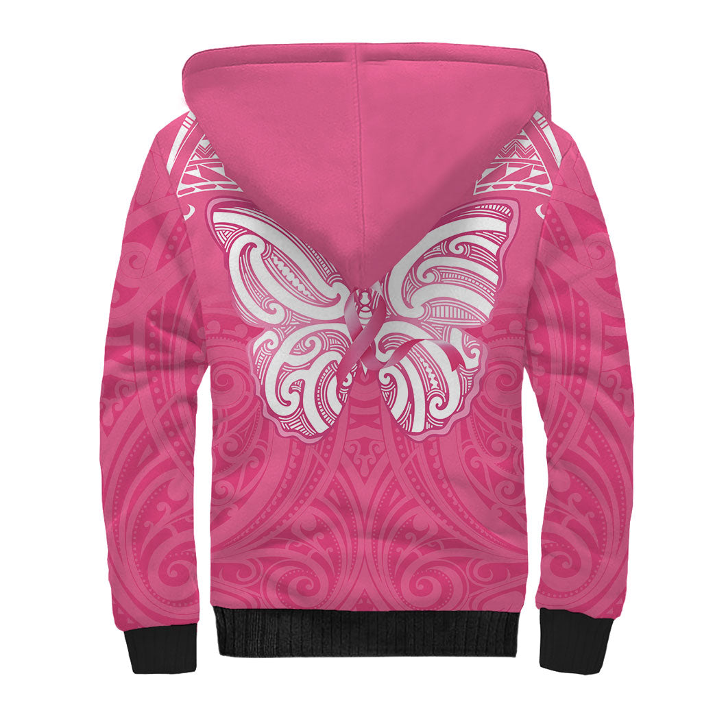New Zealand Breast Cancer Support Sherpa Hoodie Maori Butterfly Pink Ribbon