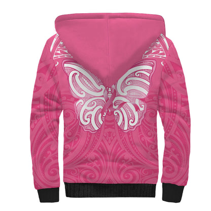 New Zealand Breast Cancer Support Sherpa Hoodie Maori Butterfly Pink Ribbon