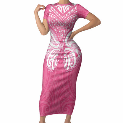 New Zealand Breast Cancer Support Short Sleeve Bodycon Dress Maori Butterfly Pink Ribbon