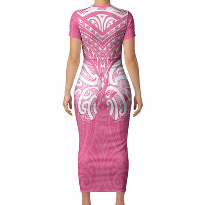 New Zealand Breast Cancer Support Short Sleeve Bodycon Dress Maori Butterfly Pink Ribbon