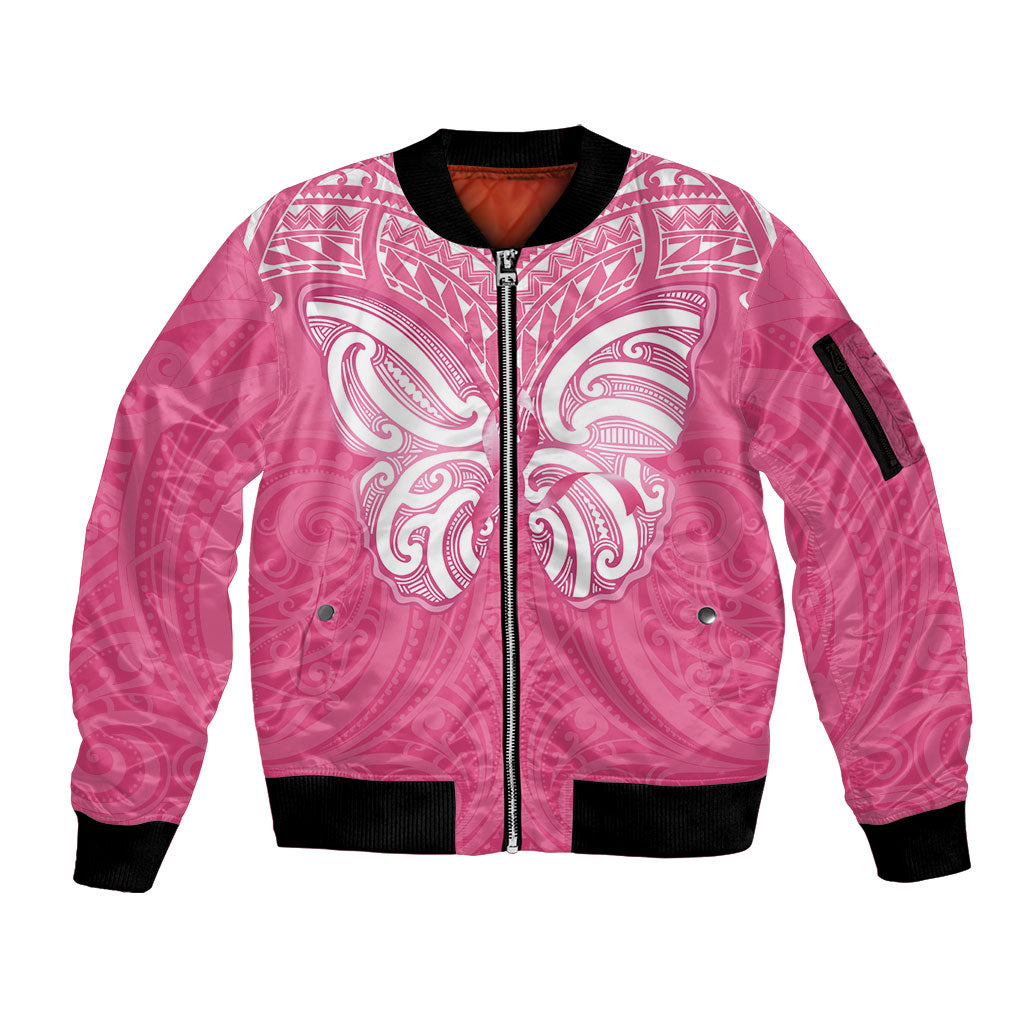 New Zealand Breast Cancer Support Sleeve Zip Bomber Jacket Maori Butterfly Pink Ribbon