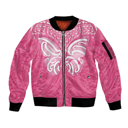 New Zealand Breast Cancer Support Sleeve Zip Bomber Jacket Maori Butterfly Pink Ribbon
