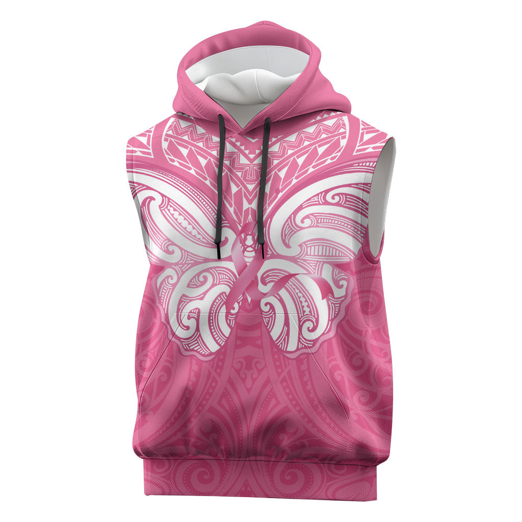 New Zealand Breast Cancer Support Sleeveless Hoodie Maori Butterfly Pink Ribbon