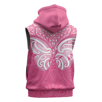 New Zealand Breast Cancer Support Sleeveless Hoodie Maori Butterfly Pink Ribbon