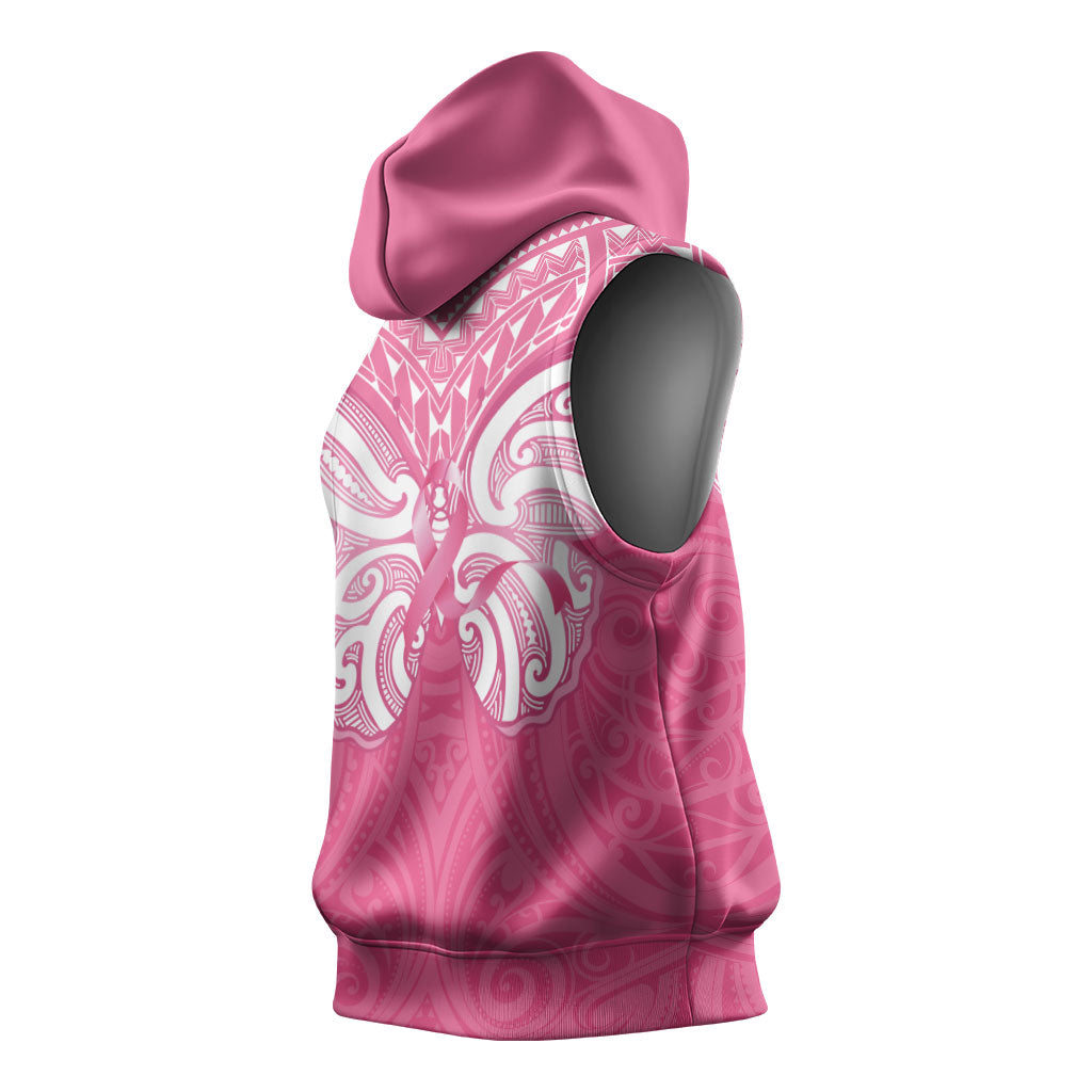 New Zealand Breast Cancer Support Sleeveless Hoodie Maori Butterfly Pink Ribbon