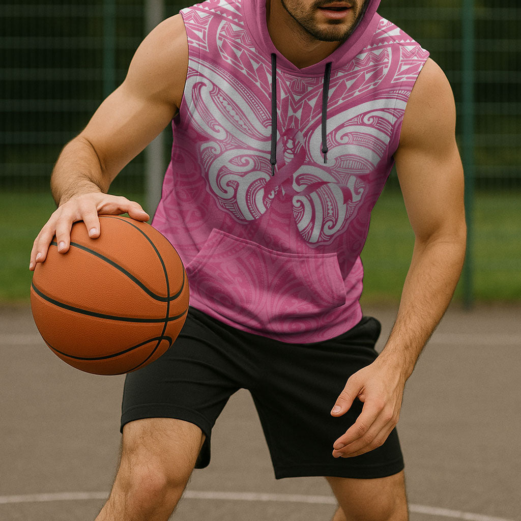 New Zealand Breast Cancer Support Sleeveless Hoodie Maori Butterfly Pink Ribbon
