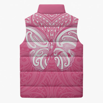 New Zealand Breast Cancer Support Sleeveless Puffer Jacket Maori Butterfly Pink Ribbon