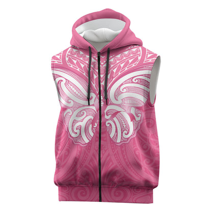 New Zealand Breast Cancer Support Sleeveless Zip Hoodie Maori Butterfly Pink Ribbon