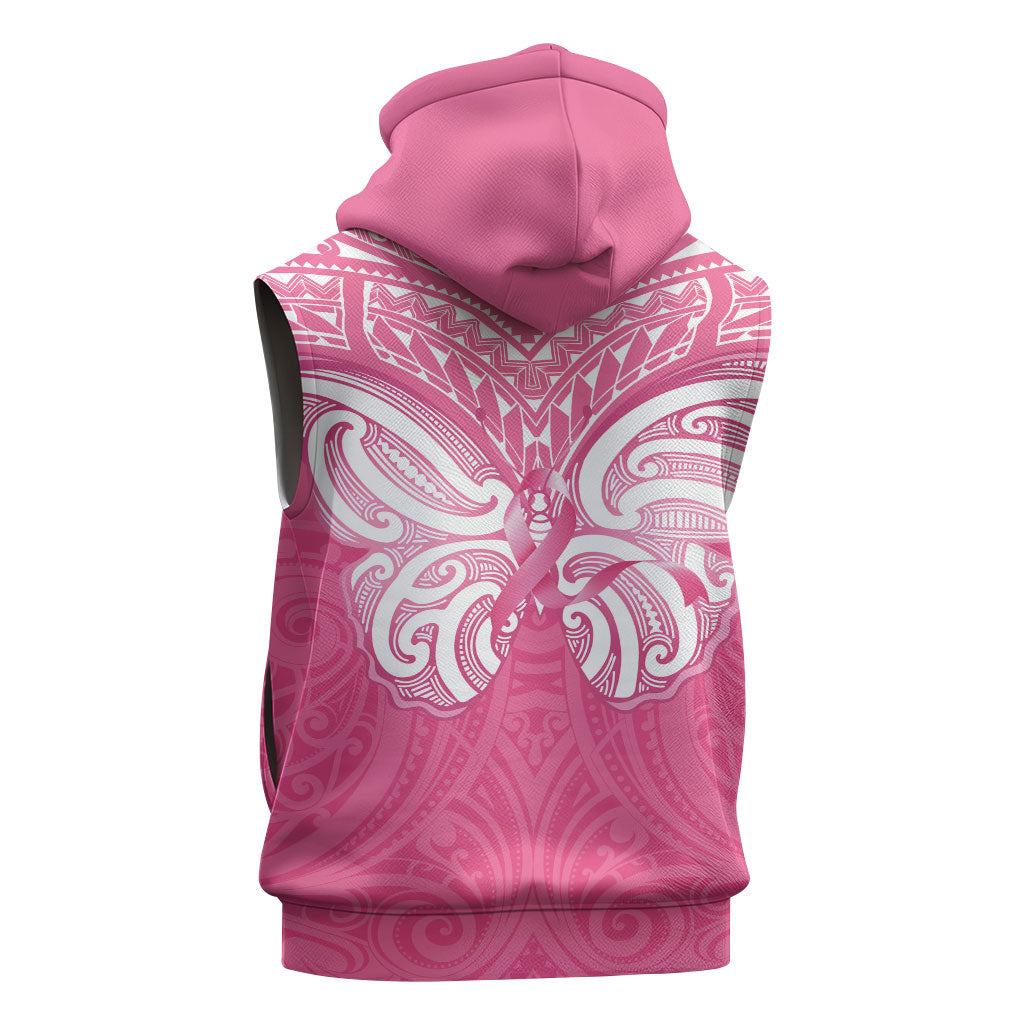 New Zealand Breast Cancer Support Sleeveless Zip Hoodie Maori Butterfly Pink Ribbon