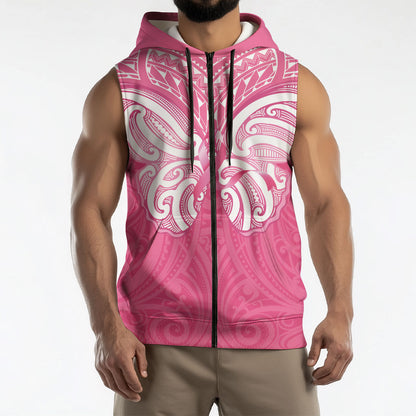 New Zealand Breast Cancer Support Sleeveless Zip Hoodie Maori Butterfly Pink Ribbon