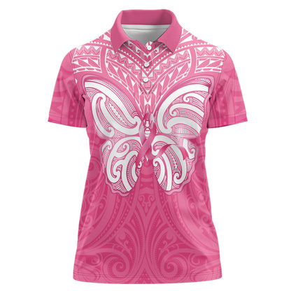 New Zealand Breast Cancer Support Women Polo Shirt Maori Butterfly Pink Ribbon
