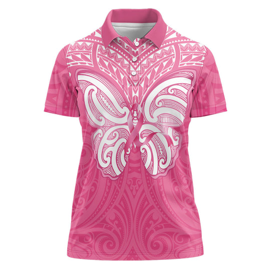 New Zealand Breast Cancer Support Women Polo Shirt Maori Butterfly Pink Ribbon