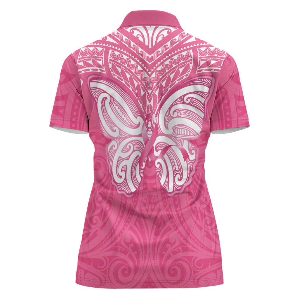 New Zealand Breast Cancer Support Women Polo Shirt Maori Butterfly Pink Ribbon