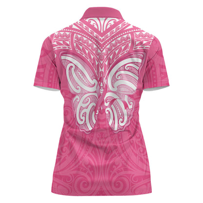 New Zealand Breast Cancer Support Women Polo Shirt Maori Butterfly Pink Ribbon