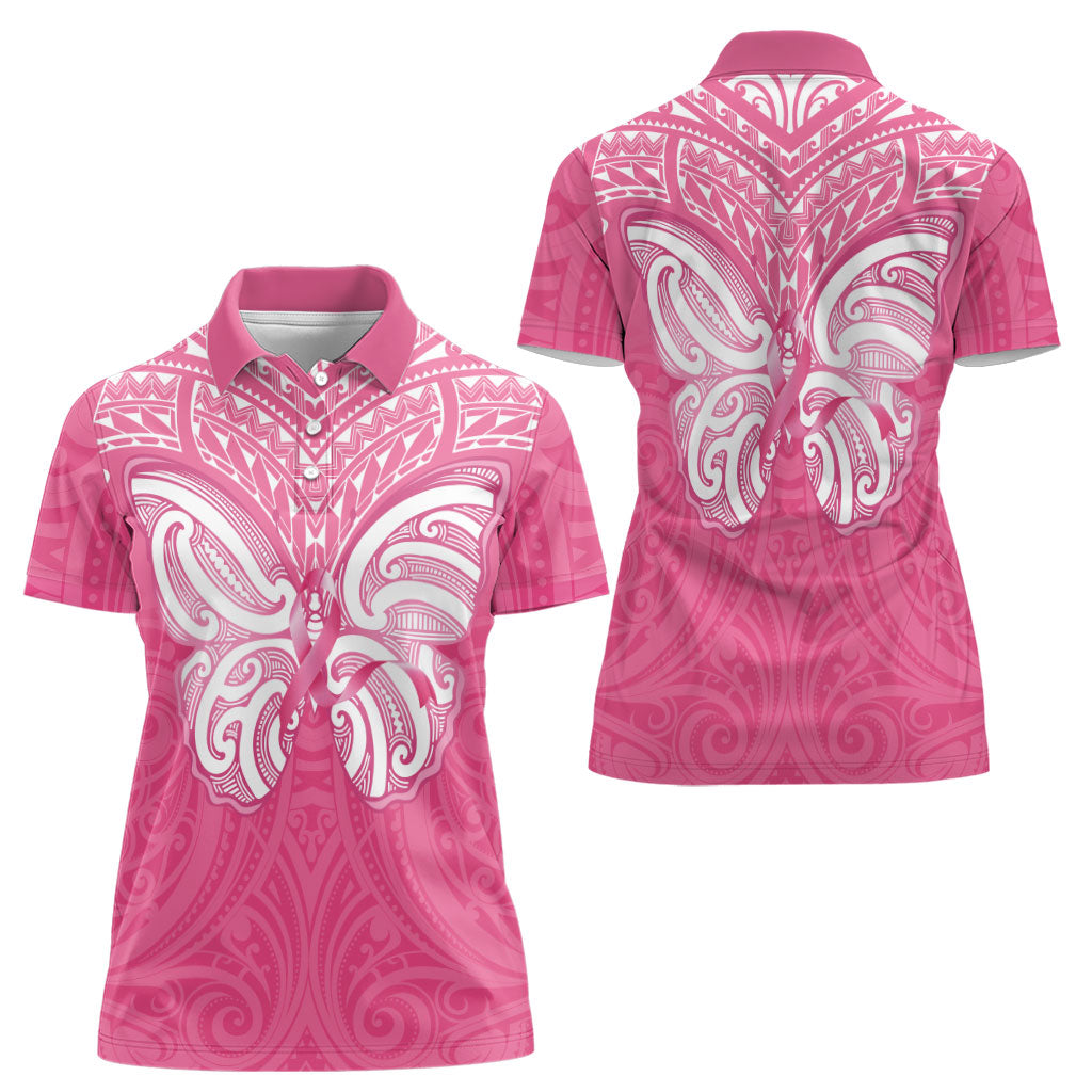 New Zealand Breast Cancer Support Women Polo Shirt Maori Butterfly Pink Ribbon