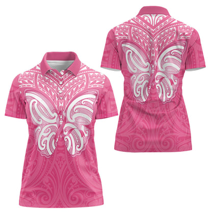 New Zealand Breast Cancer Support Women Polo Shirt Maori Butterfly Pink Ribbon