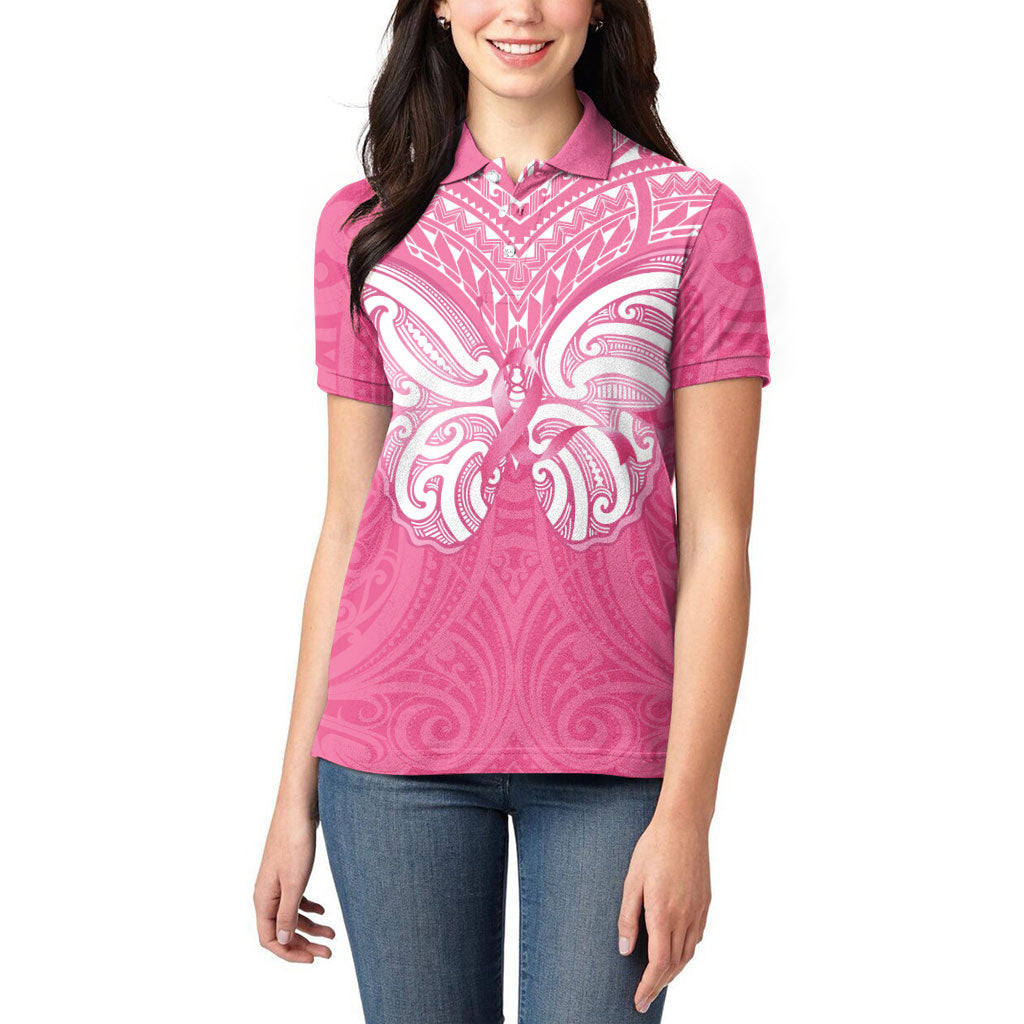 New Zealand Breast Cancer Support Women Polo Shirt Maori Butterfly Pink Ribbon