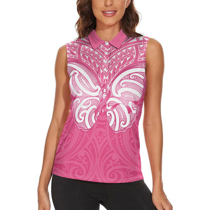 New Zealand Breast Cancer Support Women Sleeveless Polo Shirt Maori Butterfly Pink Ribbon