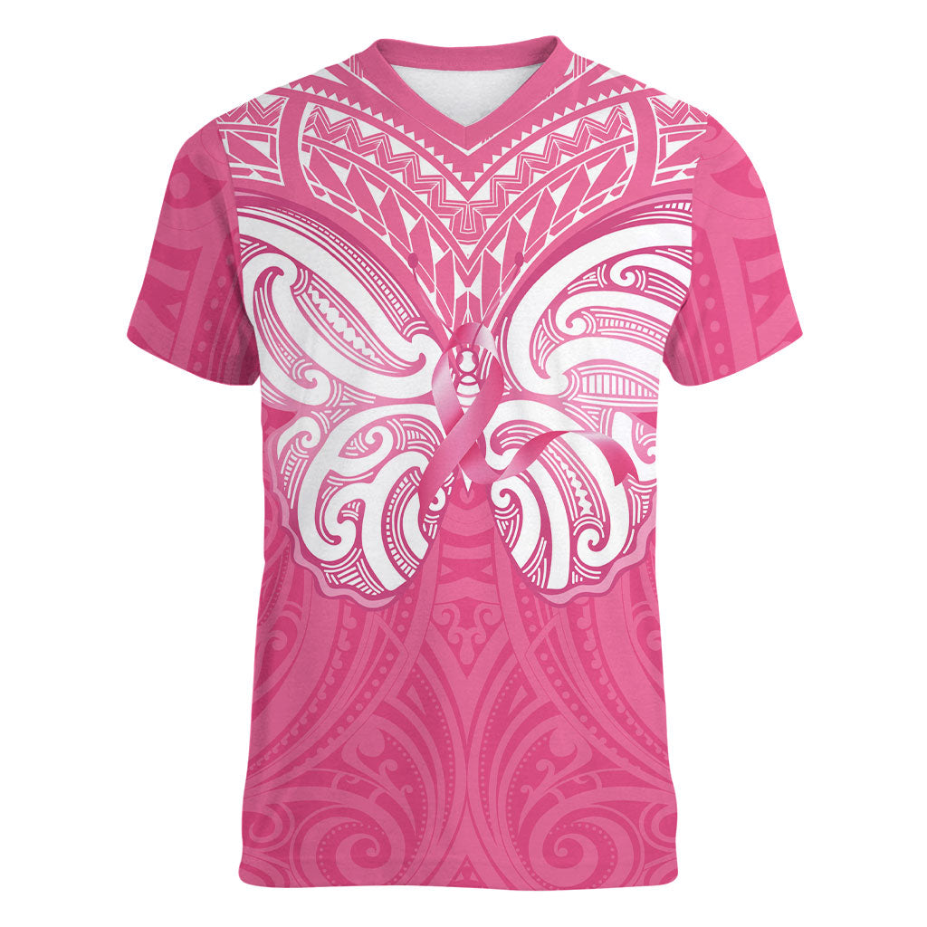 New Zealand Breast Cancer Support Women V-Neck T-Shirt Maori Butterfly Pink Ribbon