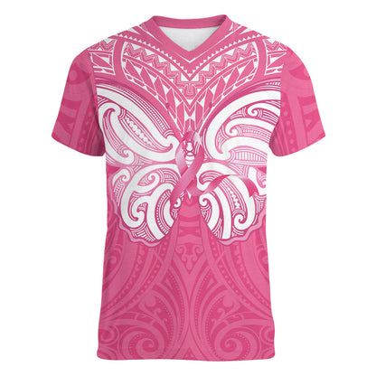 New Zealand Breast Cancer Support Women V-Neck T-Shirt Maori Butterfly Pink Ribbon