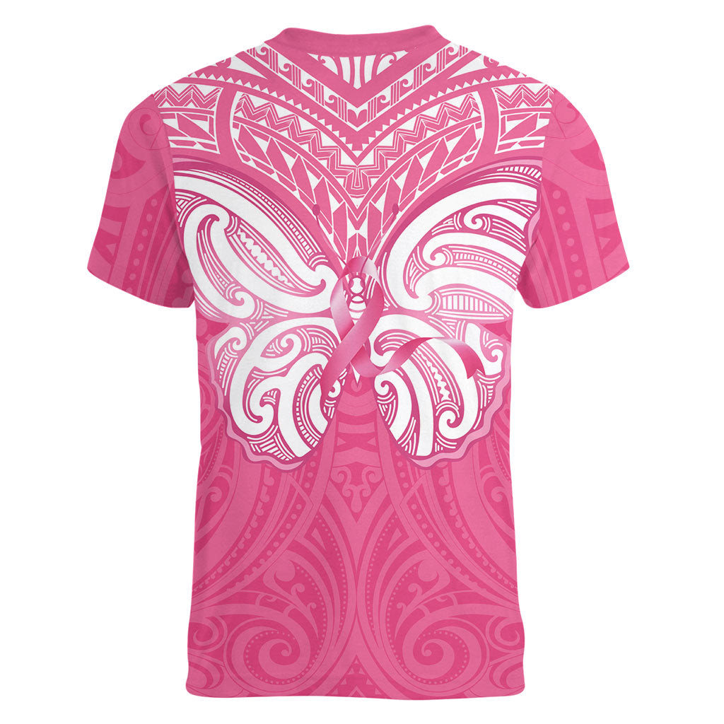 New Zealand Breast Cancer Support Women V-Neck T-Shirt Maori Butterfly Pink Ribbon
