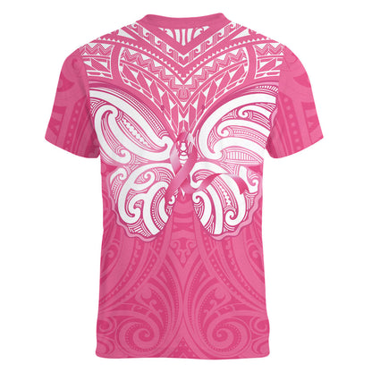 New Zealand Breast Cancer Support Women V-Neck T-Shirt Maori Butterfly Pink Ribbon