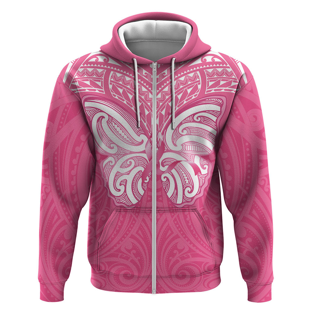 New Zealand Breast Cancer Support Zip Hoodie Maori Butterfly Pink Ribbon