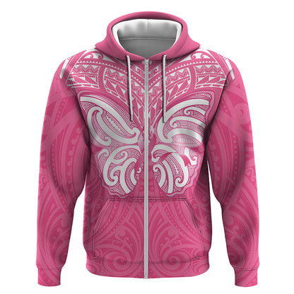 New Zealand Breast Cancer Support Zip Hoodie Maori Butterfly Pink Ribbon