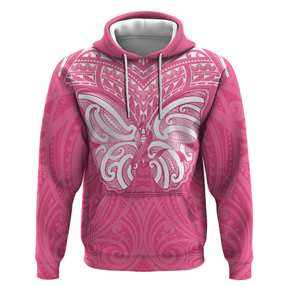 New Zealand Breast Cancer Support Zip Hoodie Maori Butterfly Pink Ribbon